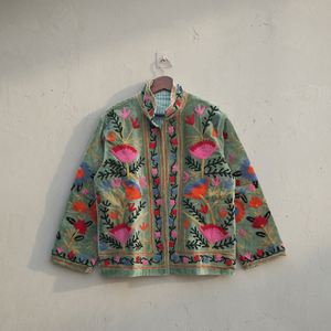 Wholesale Factory Custom <b>Women</b> Heavy Thread Embroidery Olive Green <b>Velvet</b> Jacket Casual Open Front Stand Collar Short <b>Coat</b> OEM - Product Image 3