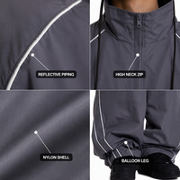 Setelan Training Pria Y2K Techwear Bahan Nylon Teknis Arang Custom, Ukuran Besar, Aksen Reflektif, Ritsleting Penuh, Kerah Tinggi, Model Parasut