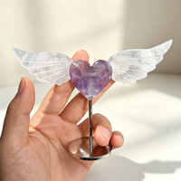 Ornement en cristal naturel mélangé en forme de cœur avec ailes, support métallique, sculpté à la main, tendance mode, décoration intérieure, cadeau
