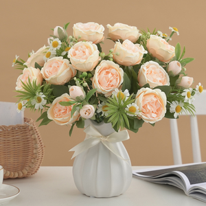 Marché de Yiwu Futian 7 têtes Rose vert feuilles pas cher <span class=keywords><strong>prix</strong></span> soie artificielle style campagnard fleurs intérieur Table mariages nouvel an - Product Image 3