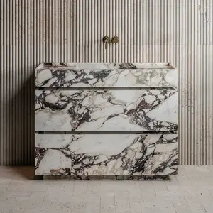 SHIHUI Custom Design Modern Stone Furniture Calacatta Viola Marble Wood Vanity Sink Wash Basin Bathroom Vanities Cabinet