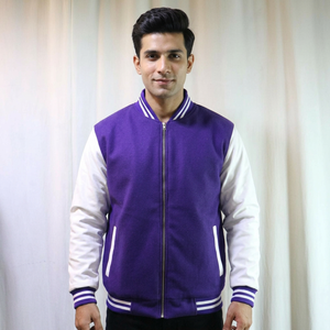 Blouson universitaire décontracté pour homme, violet et blanc, avec fermeture éclair sur le devant, couleur unie, coupe classique, manches en polyester et coton, style Clush Sports - Product Image 1