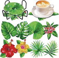 Grosir 8Pcs 5D Full Drill Diamond Painting Coaster Kit Motif Daun & Bunga Tropis Seni Berlian Coaster Dengan Penyangga Logam