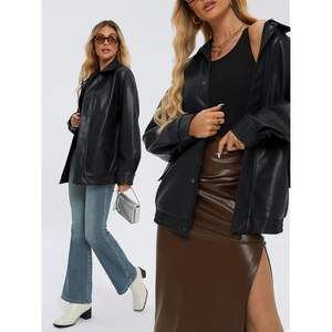 2025 2024 <b>Women's</b> Oversized Faux Suede Leather Jacket Lapel <b>Collar</b> Solid Pattern Zip-Up Motorcycle Coat Fall Outfit - Product Image 2