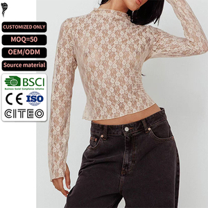<b>Women's</b> Lace Crop <b>Top</b> Long Sleeve <b>Roll</b> <b>Neck</b> Floral Pattern Sheer Blouse Regular Fit All Seasons Chic Style - Product Image 1