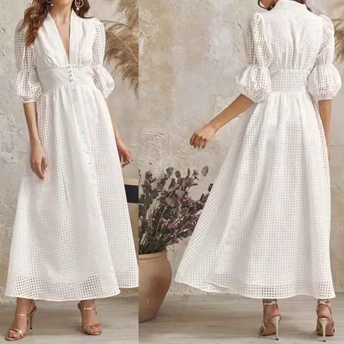 Sweet White Long Les Dames Robe Womens Maxi Dress High Waist Plaid Summer Casual Dresses Women's Dress OEM Service Simple Adults