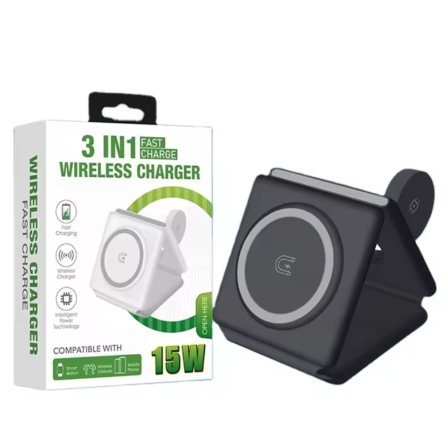 2024 Hot Sell 3 in 1 Folding Magnetic Wireless Charger 15W Fold Fast Charging Stand Mobile Phone Portable Foldable Charger