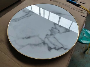 Modern Sintered Stone Round Accent <b>Table</b> Gold Trim Pedestal <b>Table</b> for Hotel & Home - Product Image 5