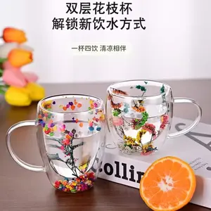 Tasse à café à double paroi en verre borosilicaté avec poignée en verre à double paroi à fleur sèche