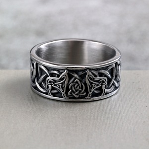 yunnique Bague unisexe en acier inoxydable avec tête de loup viking et nœud celtique, bijou fantaisie, cadeau, motif animal rond et géométrique - Product Image 1