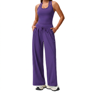 Ensemble de yoga 2 pièces marron : pantalon taille haute à jambes larges et débardeur dos nageur à col rond, respirant, couleur unie, pour l'entraînement - Product Image 4