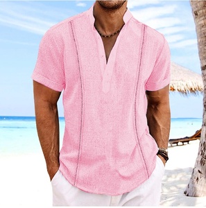 Camisa Casual de Algodón y Lino para Hombre, Estilo <span class=keywords><strong>Guayabera</strong></span> Cubana a Rayas con Cuello Mao, Manga Corta, Sin Planchado, Venta Caliente 2026 para Comercio Exterior - Product Image 4