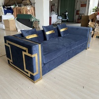 Canapé 3 places de luxe en acier doré et tissu, style nordique, pour salon, mobilier moderne, ensemble de canapés en velours bleu