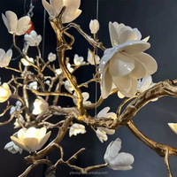 Lustre en Cuivre Pur, Fleur de Magnolia en Céramique, Style Rétro Artistique pour Villa, Lustre Zen Nouveau Style Chinois pour Salle de Thé, Luxe Léger