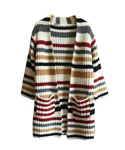 Custom Knitted Baby Children Cardigan Kids Striped Girls Sweater Cardigans With Pockets