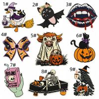 Patchs brodés Halloween à thermocoller ou à coudre avec motifs Sorcière, Canard, Chauve-souris, Lèvres de vampire, Citrouille, Chat, Squelette, Corbeau
