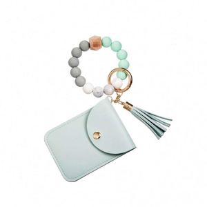 2025 New Plain Silicone Beads Bracelet Pu Card Holder With Women's Wallet Leather Tassel <b>Key</b> <b>Chain</b> Custom Promotional Gifts - Product Image 6