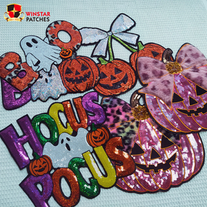 Tùy chỉnh kỳ nghỉ Halloween long lanh <span class=keywords><strong>sequin</strong></span> thêu sắt trên vá Chenille bí ngô ma thêu các bản vá lỗi cho quần áo - Product Image 1