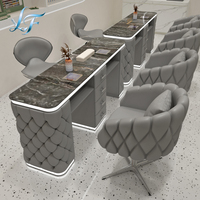 Ensemble de table de manucure de luxe capitonnée à bulles avec aspirateur de poussière double intégré, éclairage LED inférieur, bureau à ongles en marbre et tiroirs de rangement
