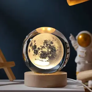 Wholesale Hot Selling Glass Solar System Planet Sphere 3D Laser Engraved Galaxy Crystal Ball With Wood Round LED Light Base