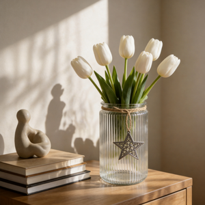 Vase en verre cylindrique côtelé avec ornement étoile et <span class=keywords><strong>ficelle</strong></span> pour la décoration de Noël et les centres de table de mariage – Vente en gros - Product Image 1
