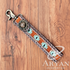 Alta calidad occidental mano tooled sillín manta muñequera correa de cuero genuino cordón llavero cuero de vaca vaquera Clips para llaves - Product Image 1