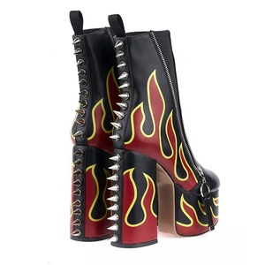 Rivets Patchwork <b>Round</b> <b>Toe</b> Women Platform Short Boots Side Zipper Ankle Booties High Chunky <b>Heels</b> Shoes Customized - Product Image 2