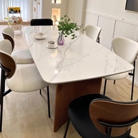 Table à manger ovale nordique vintage en bois massif de noyer avec plateau en pierre naturelle et chaise assortie