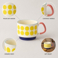 Mug en céramique à pois, tasse à café rétro jaune à pois, mug blanc crème 300 ml avec poignée rose corail, logo personnalisé, OEM, vente en gros, cadeau