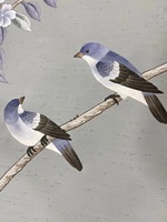 Papiers peints de luxe en soie véritable, broderie partielle d'oiseaux pour décoration intérieure