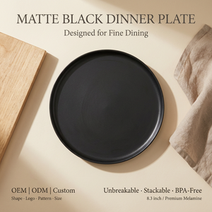 Plato de ensalada de melamina negro mate ecológico OEM ODM de 8.3 pulgadas, plato de postre irrompible, apto para lavavajillas nórdico, para aperitivos de restaurante - Product Image 1
