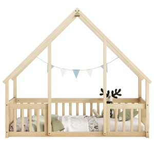 Estructura de <span class=keywords><strong>Cama</strong></span> <span class=keywords><strong>Doble</strong></span> con Barandillas en Forma de Techo de Casa, Construcción de Madera, Diseño <span class=keywords><strong>Montessori</strong></span>, Color Natural - Product Image 5