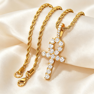 Kalung Liontin Salib Rantai Gelombang Air Fashion Berlapis Emas 18k Perak Sterling 925 dengan Liontin Moissanite untuk Wanita - Product Image 1