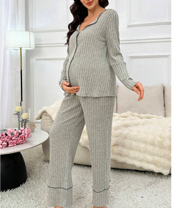 Conjunto de Pijama de Maternidad de Manga Larga con Cuello Solapa y Pantalones Acanalados para Embarazadas, Pijama de Bambú Personalizado para Mujer - Product Image 3