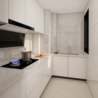 Armoire de cuisine crème |   Bois blanc mat sans poignée |   Revêtement mural en marbre |   Hotte aspirante HILUX |   Plan de travail en quartz |   Centre Commercial 3D Gratuit