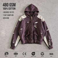 Sweat à capuche zippé RAMAX 480GSM 100% coton, coupe oversize, effet vieilli, blocs de couleur, pour streetwear orné de strass, personnalisable OEM ODM