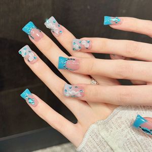 <span class=keywords><strong>Ongles</strong></span> <span class=keywords><strong>en</strong></span> acrylique épais personnalisés OEM, style French, avec strass bleus, 10 pièces, qualité salon, faits à la main, à presser, fournisseur - Product Image 3