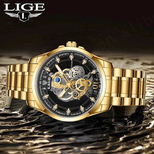LIGE Waterproof Watch Business Quartz <b>Wristwatches</b> Men Top Brand Luxury Gold Skeleton Retro Men Watch Relogio Masculino - Product Image 2