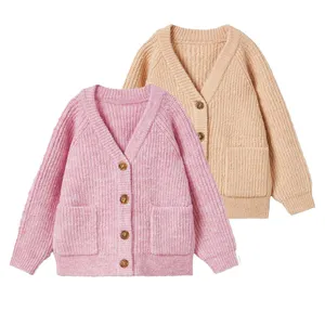 Kids Girls Casual Wear Cardigan Sweater Long Sleeve V Neck Buttons Front Knitted Winter Sweaters with Pockets