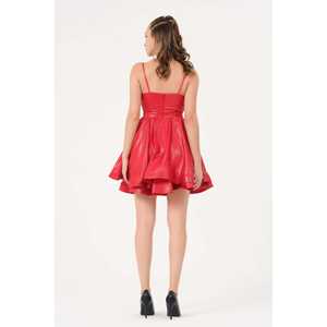 Robe de cocktail Saks en taffetas rouge, col en V, coupe trapèze, à nouer à la taille, écologique - Product Image 2