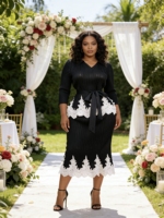 Ensemble robe plissée élégante Miyaki Midi à manches trois quarts avec bordure en dentelle blanche pour invitée de mariage, taille plus, ensemble jupe 2 pièces