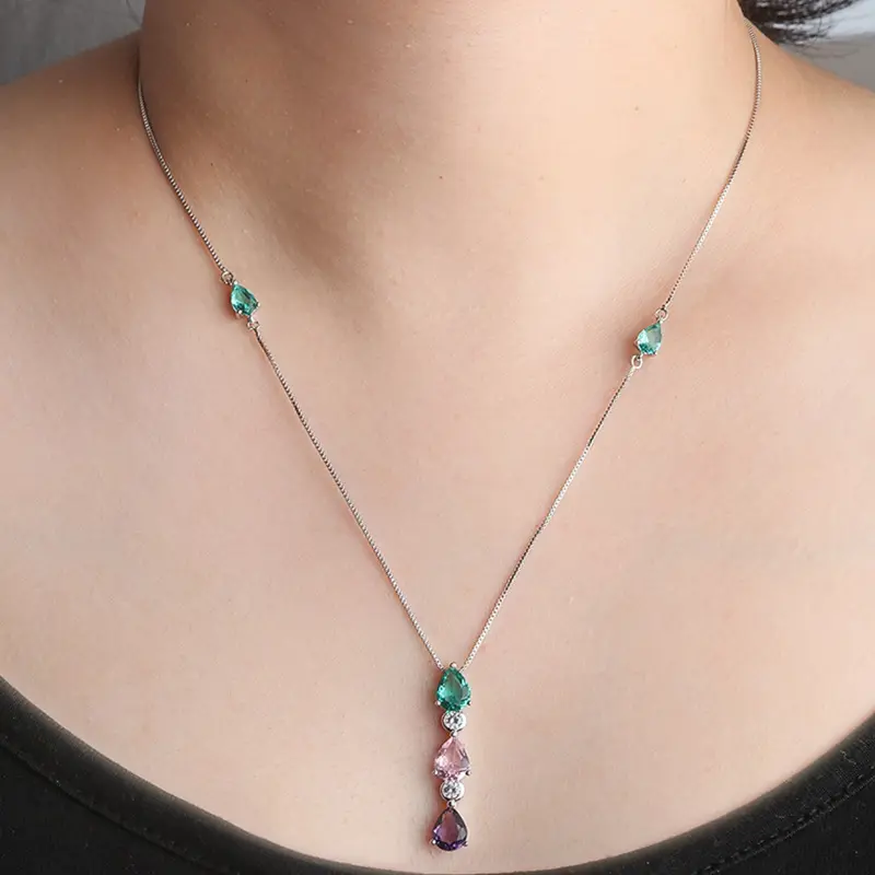 Пользовательские модные ювелирные изделия Пара Ожерелье Красочный стеклянный камень кулон латунь позолота Сверкающие Красочные Циркон ожерелье