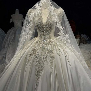 Hz014 Impresionante Vestido de Novia de Satén Duquesa con Escote Pronunciado, Adornado con Cristales y Mangas Transparentes, Jancember - Product Image 2