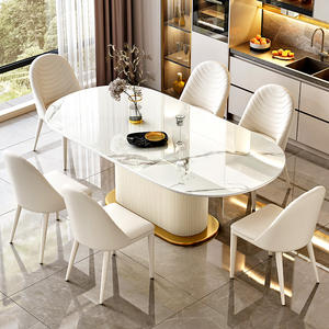 Table à manger de luxe scandinave avec plateau en marbre à motif ovale et base en colonne <span class=keywords><strong>blanc</strong></span> crème pour cuisine minimaliste. - Product Image 6