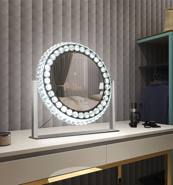 Luxury Modern Customized Glass Argent Bling Diamond Shape Iron Frame Vanity Makeup LED Crystal Mirror High Definition Lighting