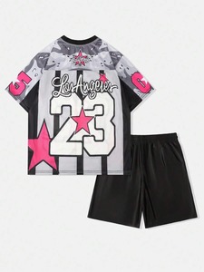 Conjunto deportivo con estampado de letras y números, camiseta de manga corta y pantalones cortos, conjunto deportivo de dos piezas personalizable, ropa informal de verano - Product Image 2