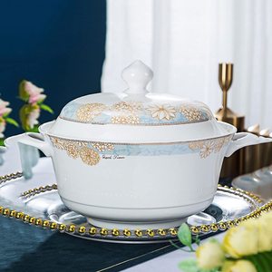 Service de table en céramique européenne opulente bleu et or pour hôtels - Vaisselle avec bols et assiettes pour toutes les repas - Product Image 3