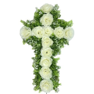 Coronas Decorativas Ecológicas Newgarden <span class=keywords><strong>de</strong></span> Fábrica, 50x30cm, Guirnaldas Blancas, Cruz Funeraria <span class=keywords><strong>de</strong></span> Seda, Flor Artificial para Cementerio - Product Image 2