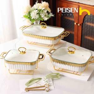 11 pouces rectangulaire en céramique chauffe-plats pot à soupe vaisselle bougie feu chauffage céramique <span class=keywords><strong>casserole</strong></span> sèche pot avec support doré - Product Image 2