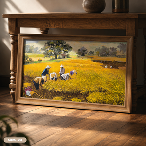 Peinture à l'huile sur toile faite à la main représentant une récolte de riz dans un champ agricole du Vietnam, service OEM ODM, modèle SD25-20 - Product Image 6